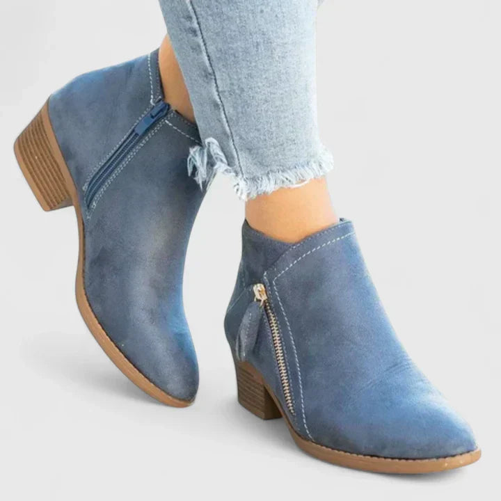 Friana Ankle Boots with Zip and Low Block Heel - Blue