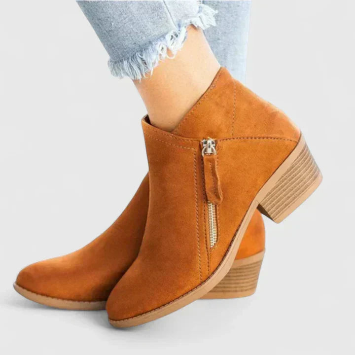 Friana Ankle Boots with Zip and Low Block Heel - Brown