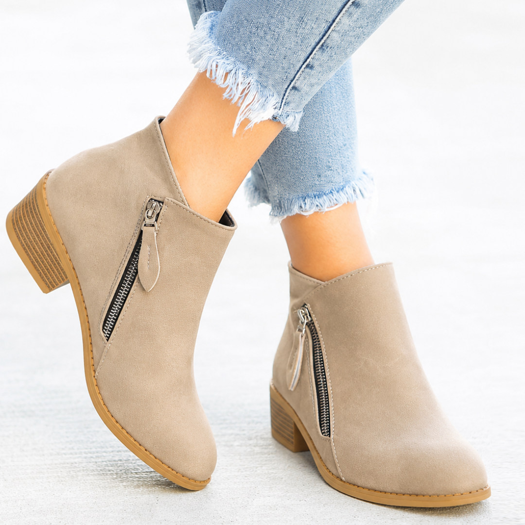 Friana Ankle Boots with Zip and Low Block Heel - Beige