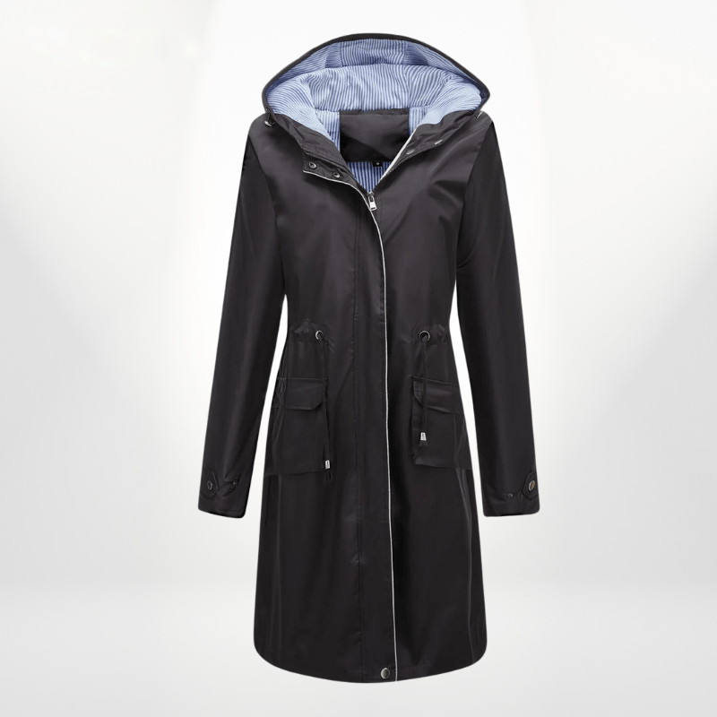 Giorgina Trench Coat with Hood, Belt and Storm Flap - Black