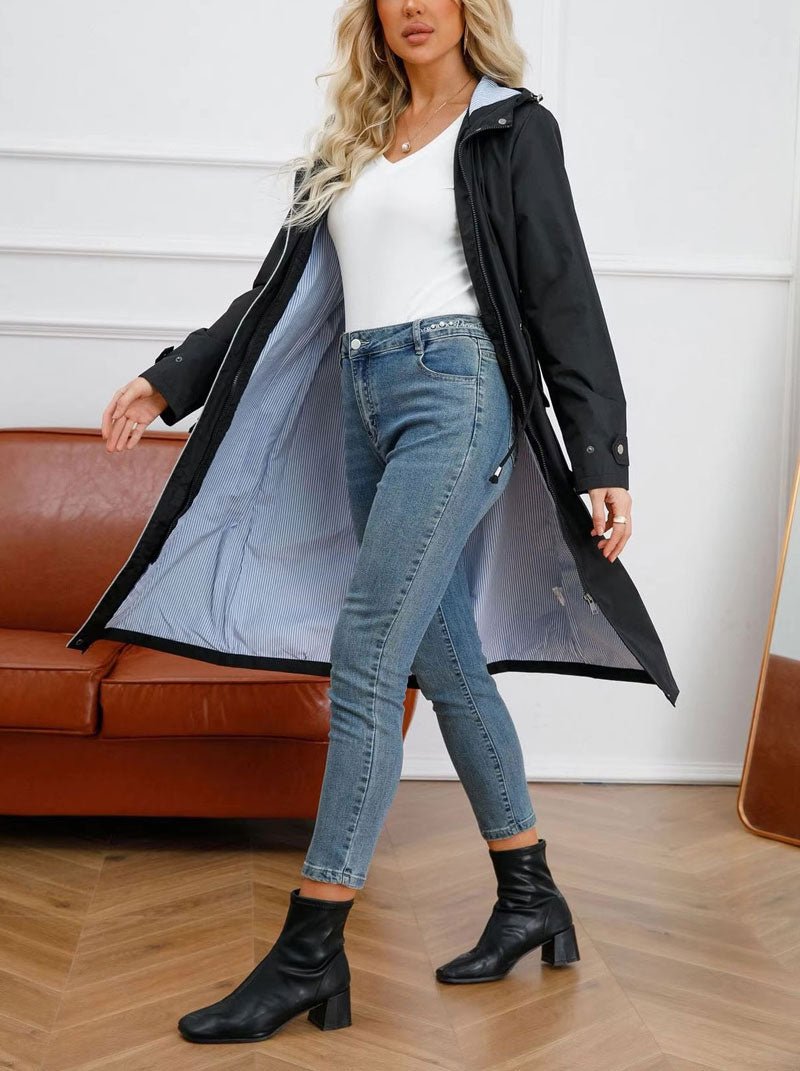 Giorgina Trench Coat with Hood, Belt and Storm Flap - Black