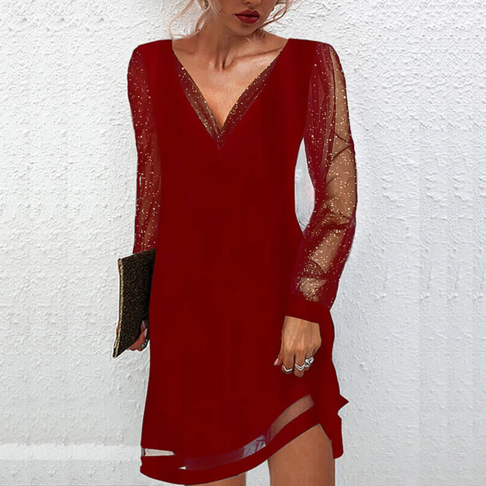 Greta V-Neck Mini Dress with Shimmer Sleeves and Concealed Zip - Red