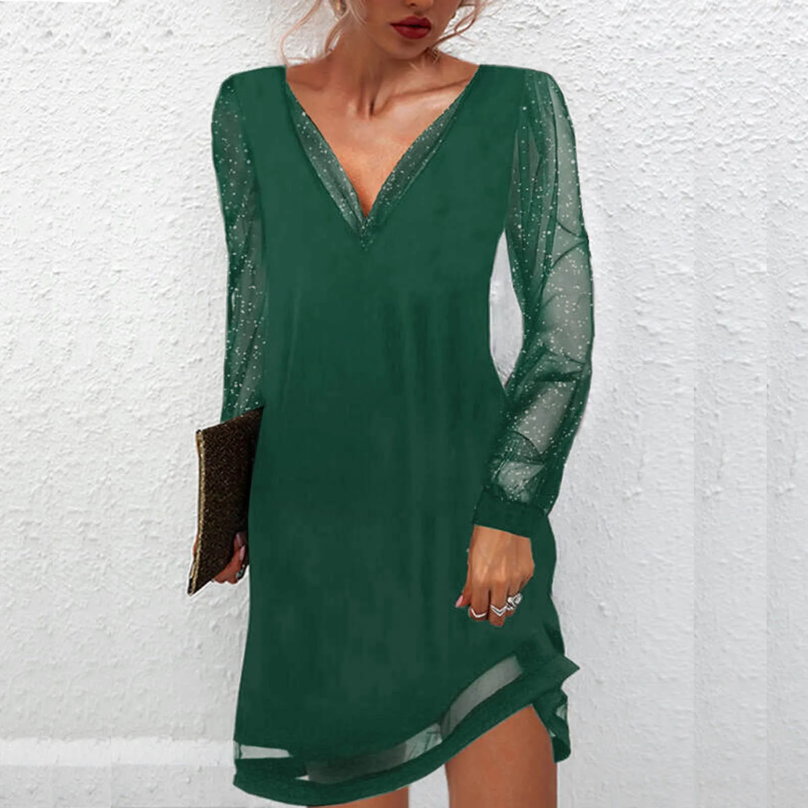 Greta V-Neck Mini Dress with Shimmer Sleeves and Concealed Zip - Green