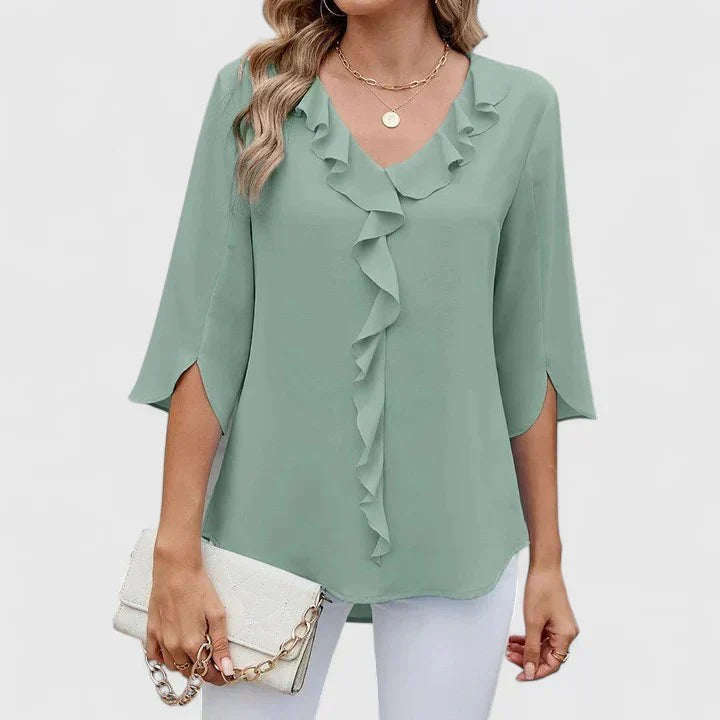 Gunda Ruffle V-Neck Blouse with Three-Quarter Sleeves - Classic Green