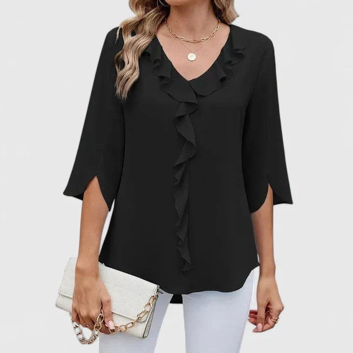 Gunda Ruffle V-Neck Blouse with Three-Quarter Sleeves - Black
