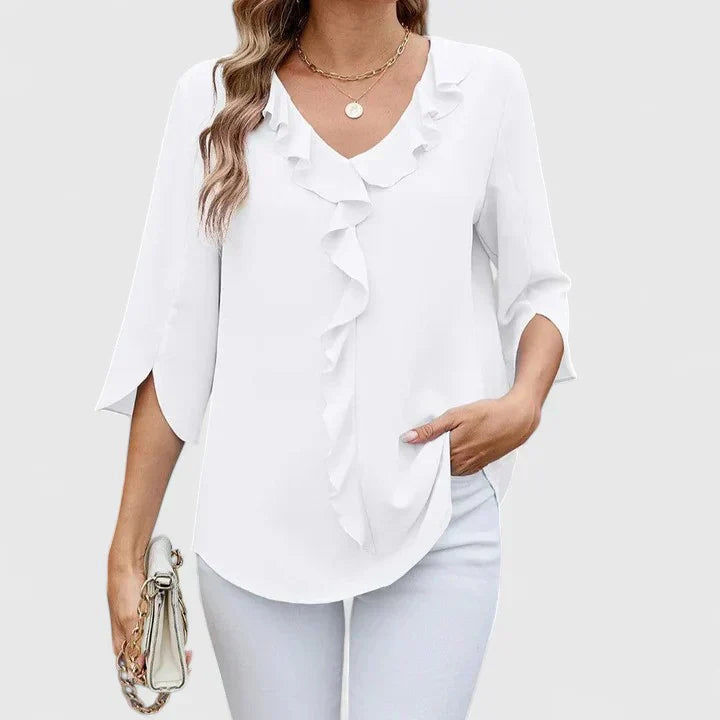 Gunda Ruffle V-Neck Blouse with Three-Quarter Sleeves - White
