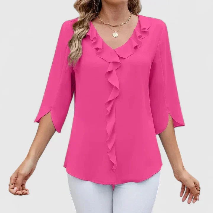 Gunda Ruffle V-Neck Blouse with Three-Quarter Sleeves - Pink