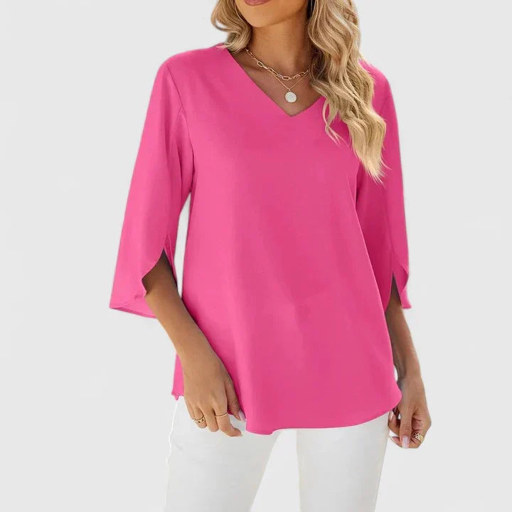 Gunda Ruffle V-Neck Blouse with Three-Quarter Sleeves - Pink