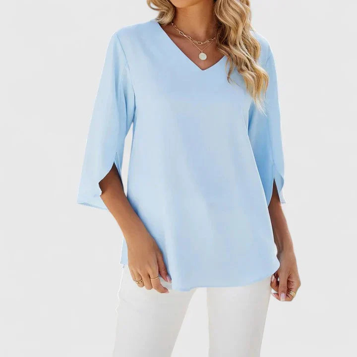 Gunda Ruffle V-Neck Blouse with Three-Quarter Sleeves - Blue