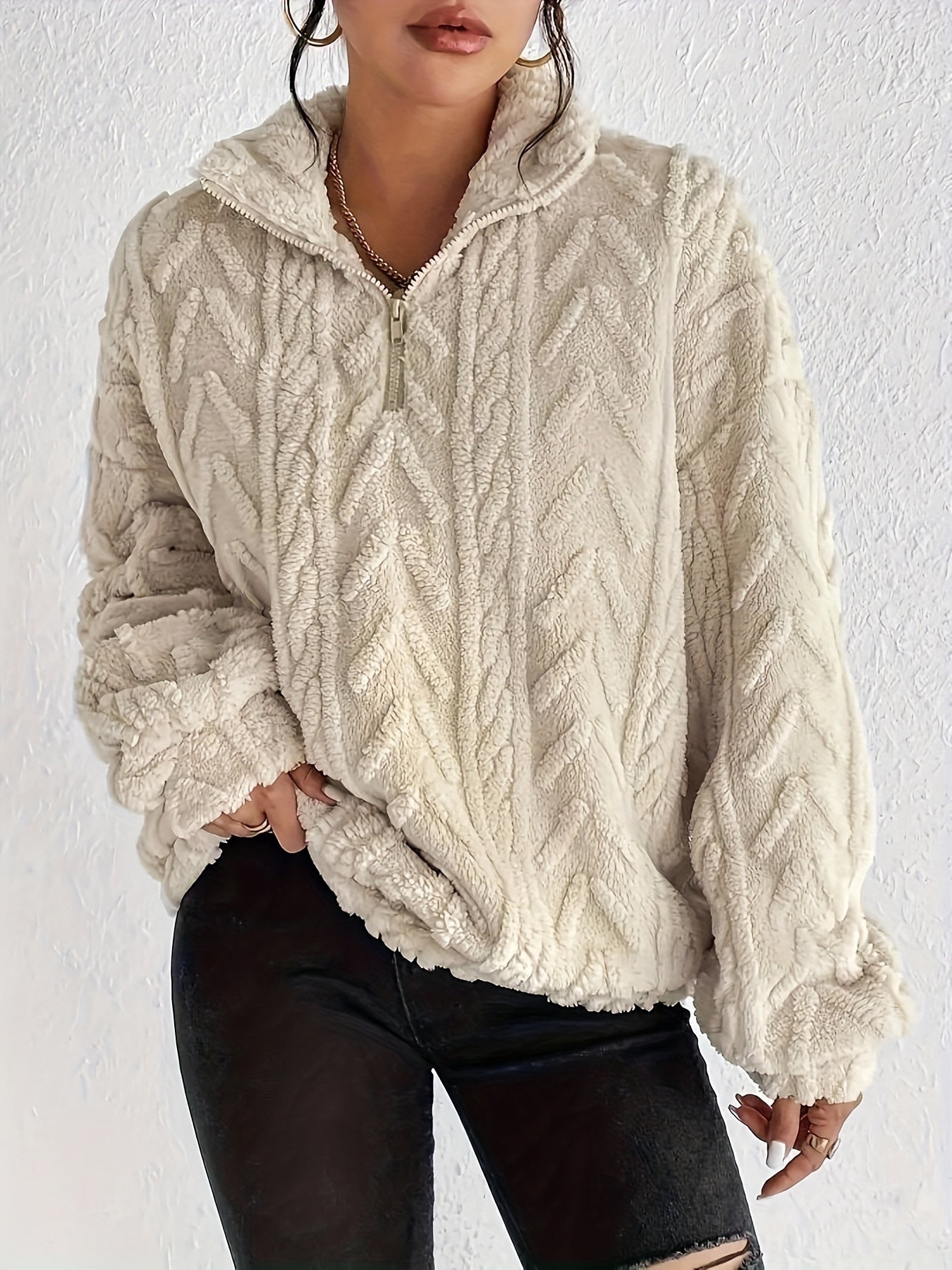 Hannelore Quarter-Zip Fleece Pullover with Cable Texture - Beige