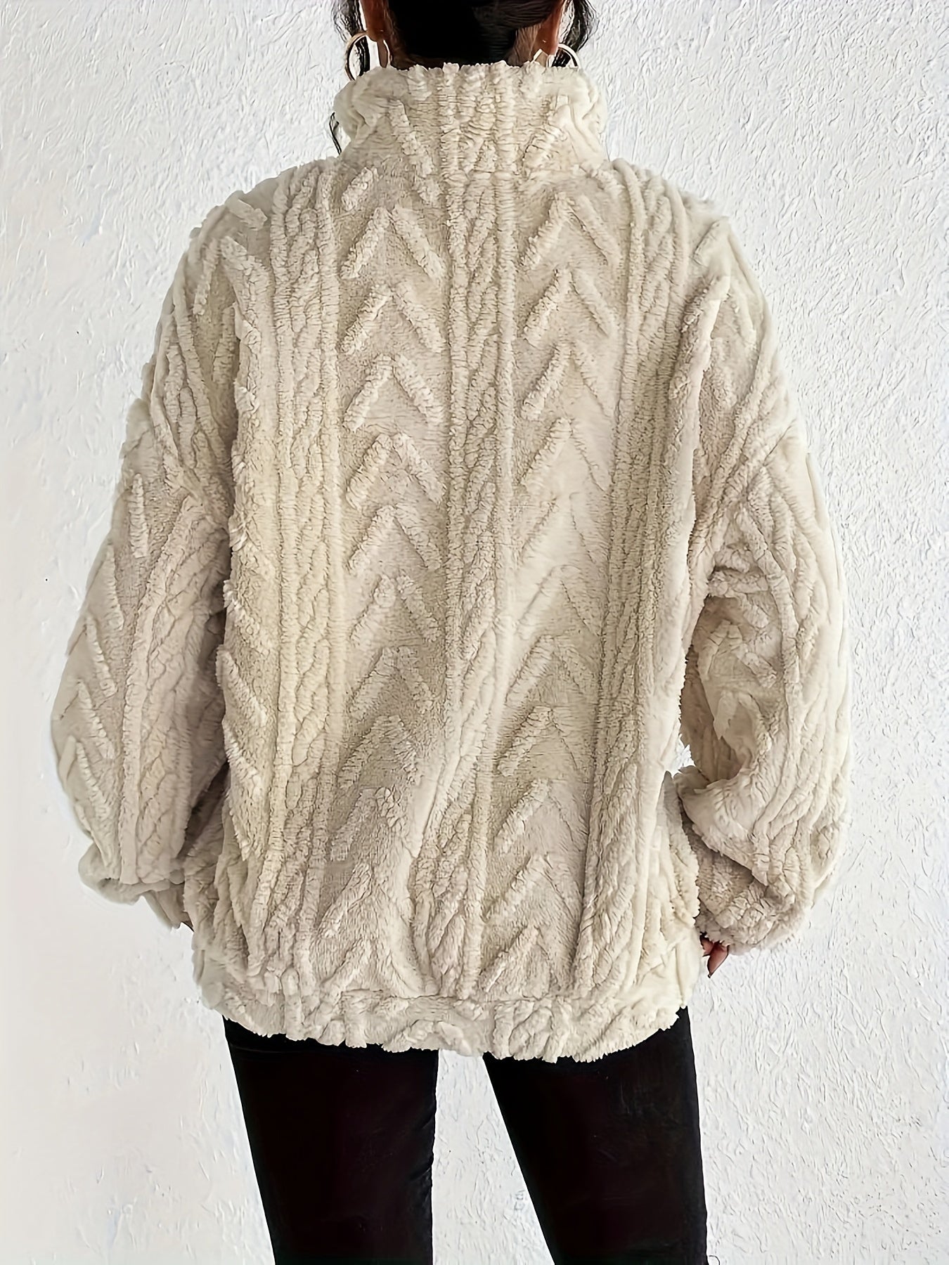 Hannelore Quarter-Zip Fleece Pullover with Cable Texture - Beige