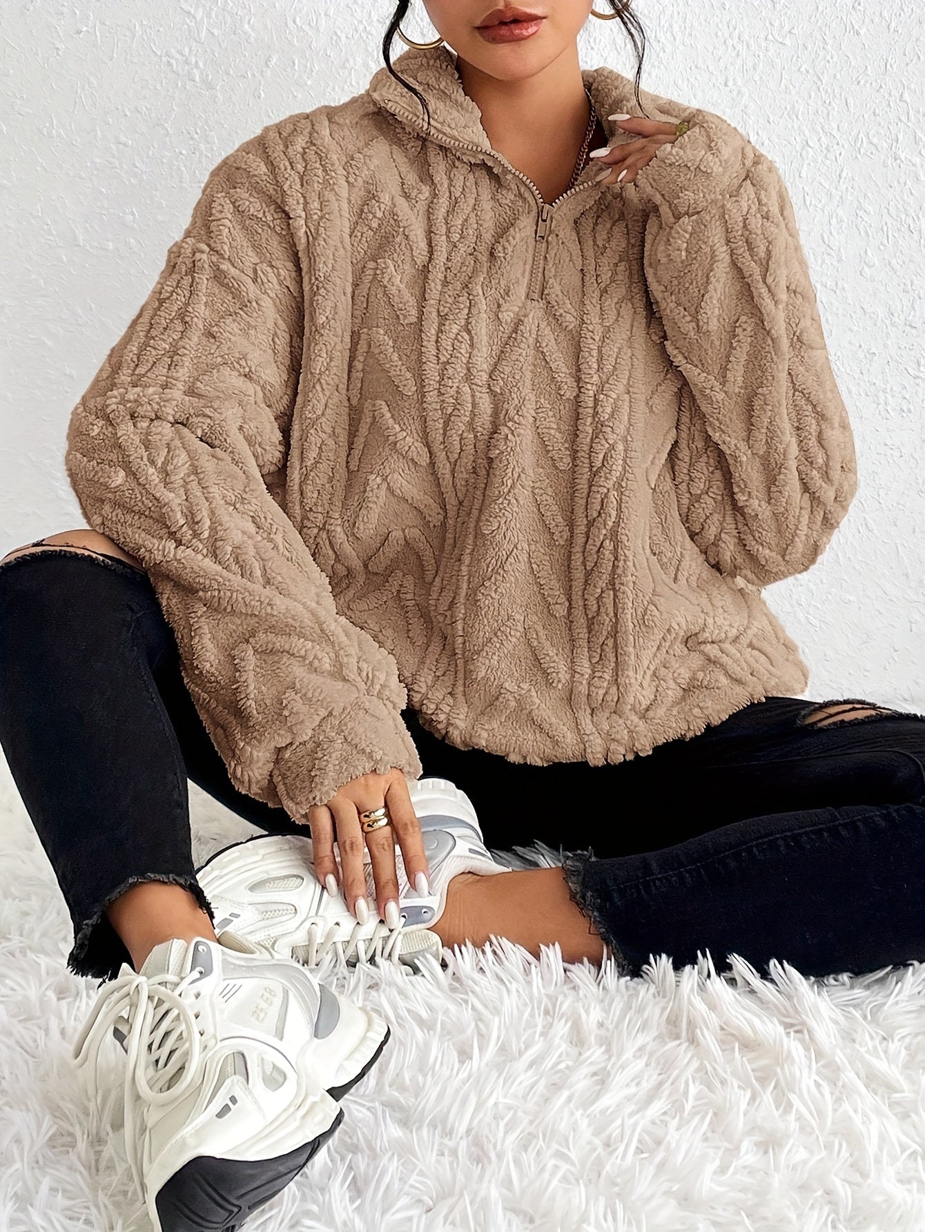 Hannelore Quarter-Zip Fleece Pullover with Cable Texture - Khaki