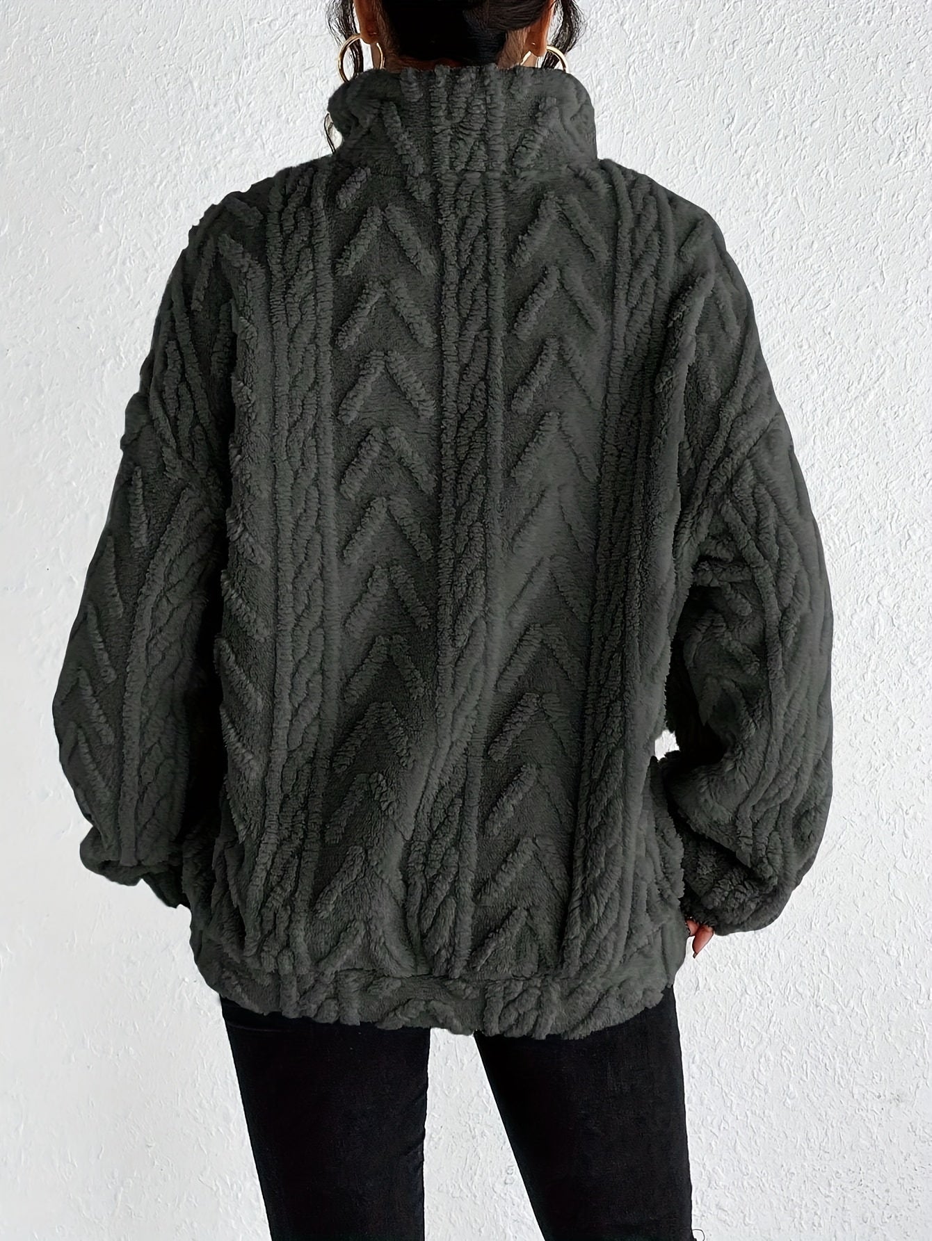 Hannelore Quarter-Zip Fleece Pullover with Cable Texture - Gray