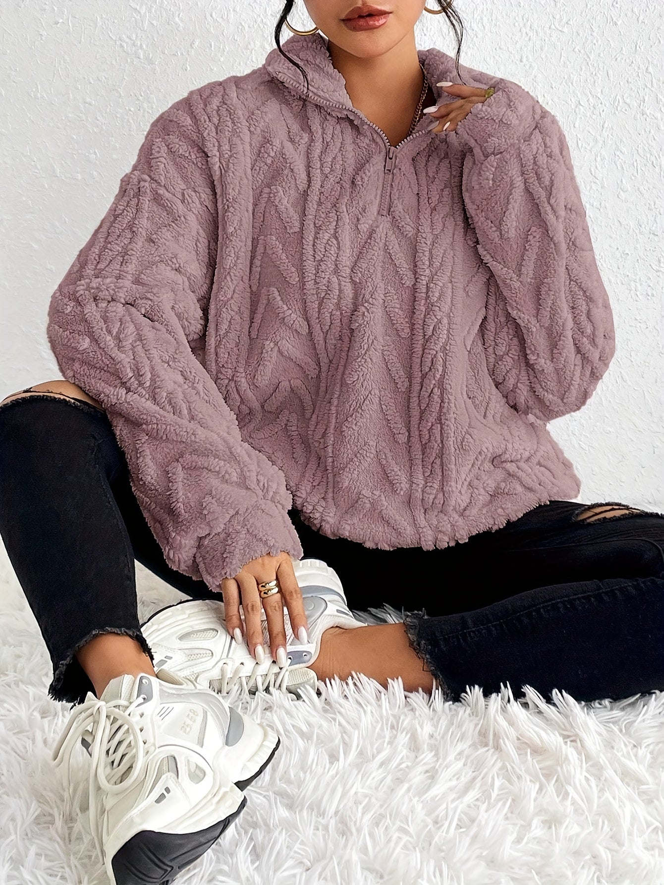 Hannelore Quarter-Zip Fleece Pullover with Cable Texture - Purple