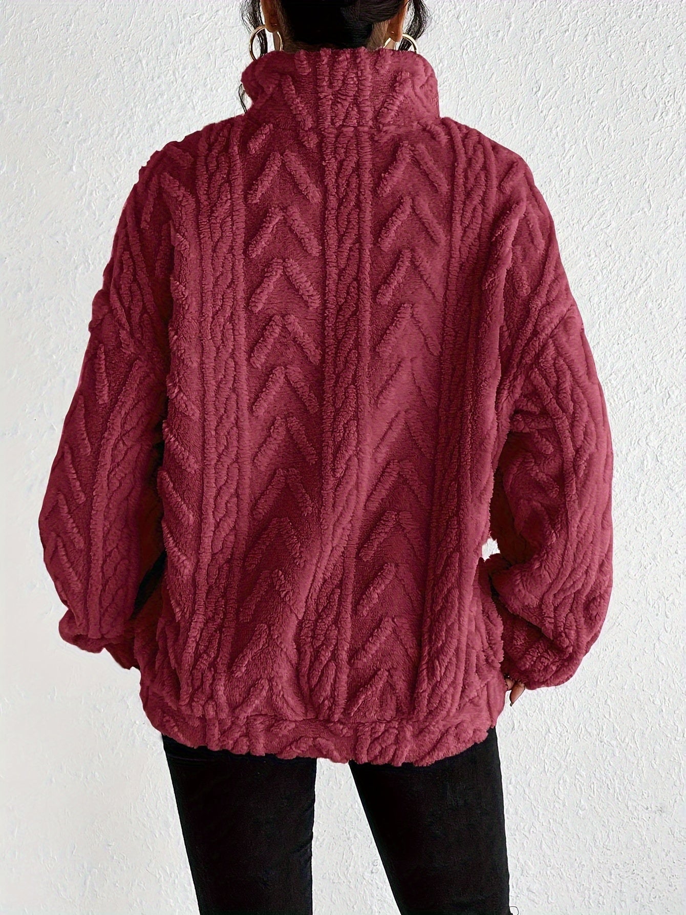 Hannelore Quarter-Zip Fleece Pullover with Cable Texture - Red