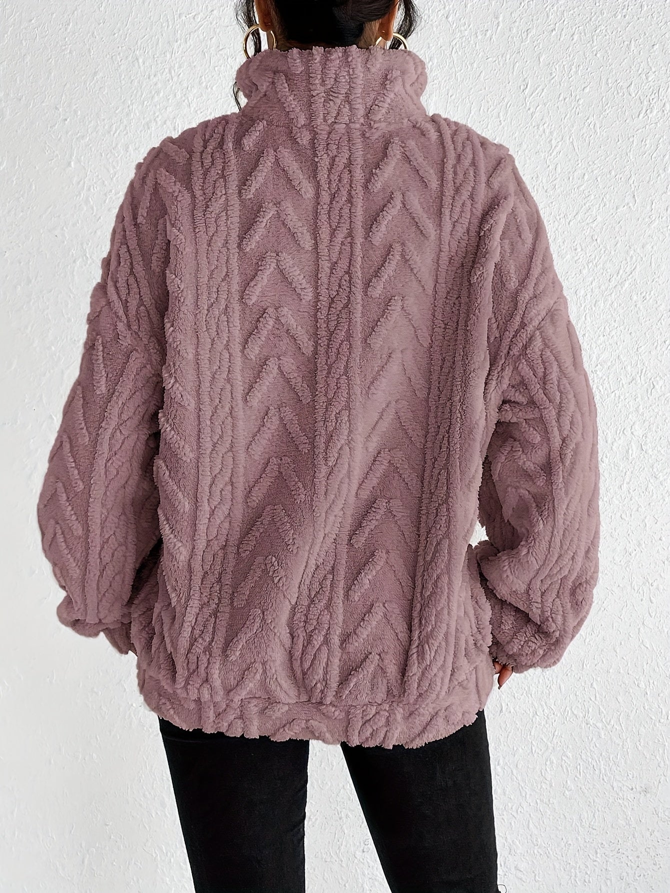 Hannelore Quarter-Zip Fleece Pullover with Cable Texture - Purple