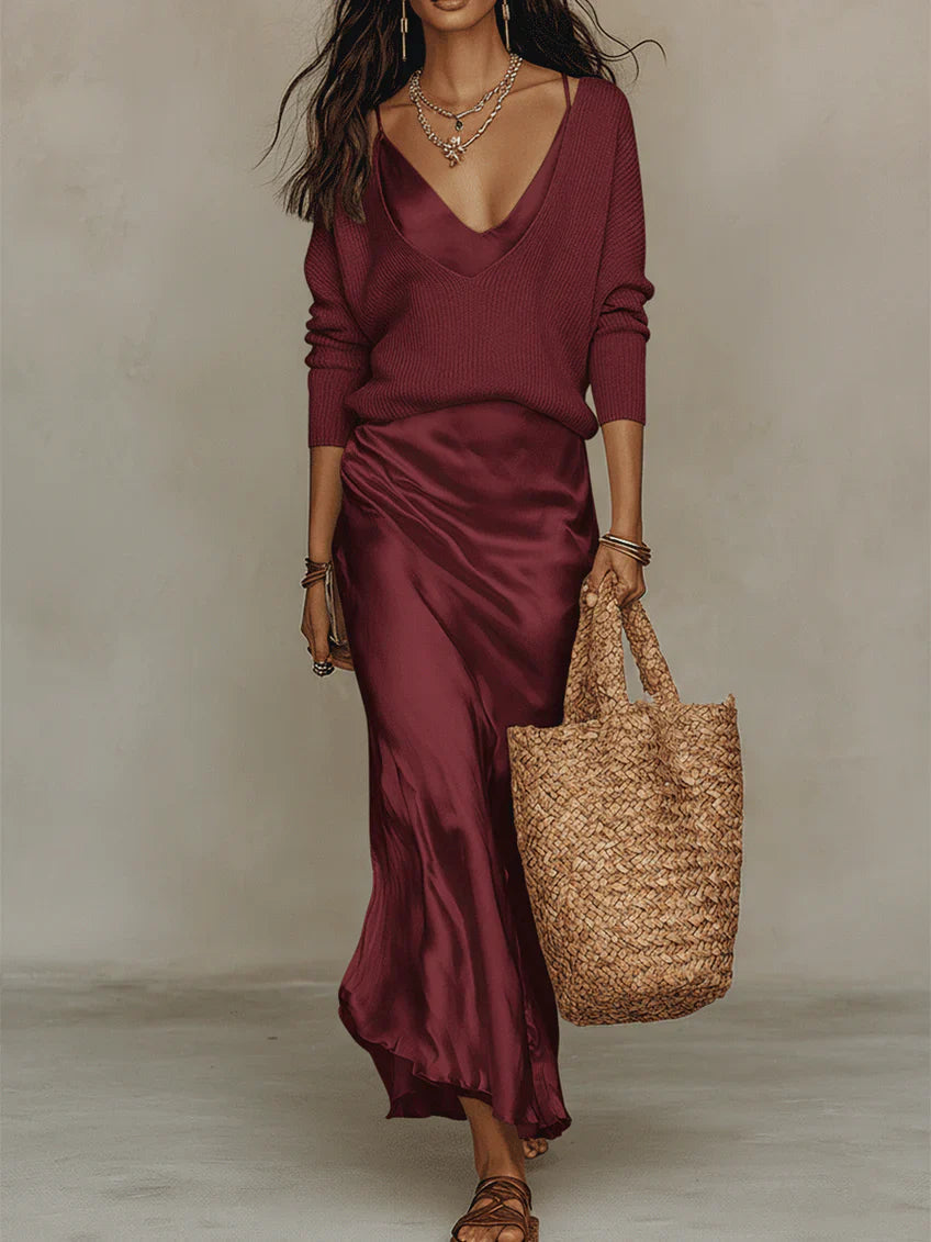 Hannie Two Piece Slip Dress Set with Layering Piece - Red