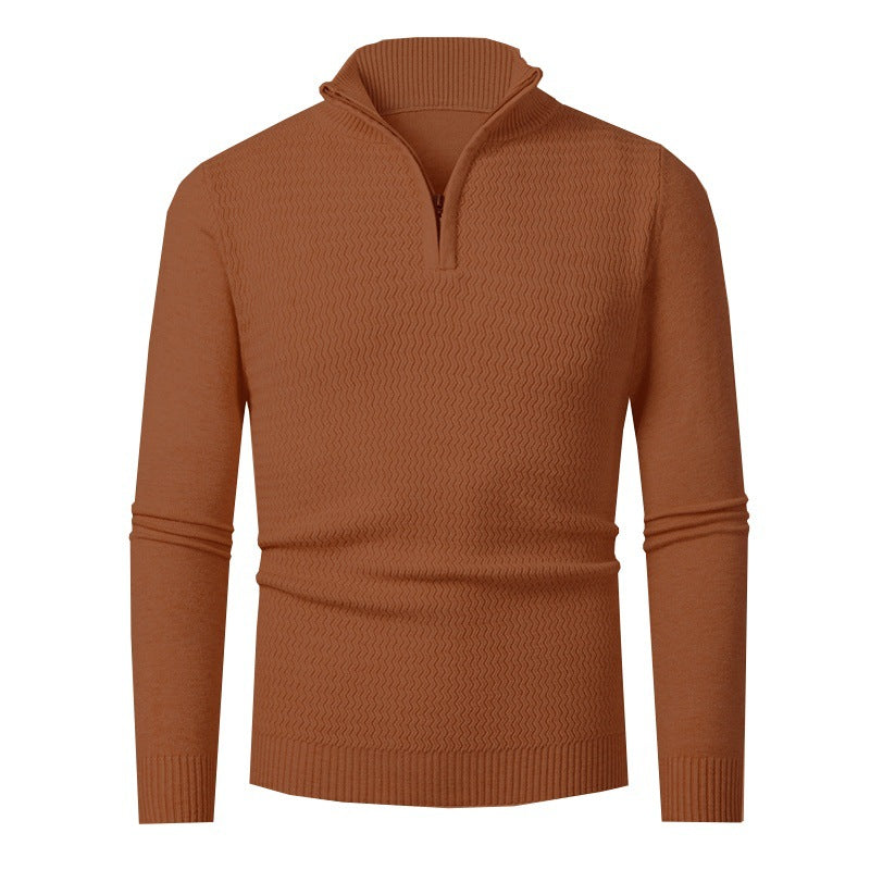 Hauke Men's Half-Zip Sweater with Wave Texture - Caramel