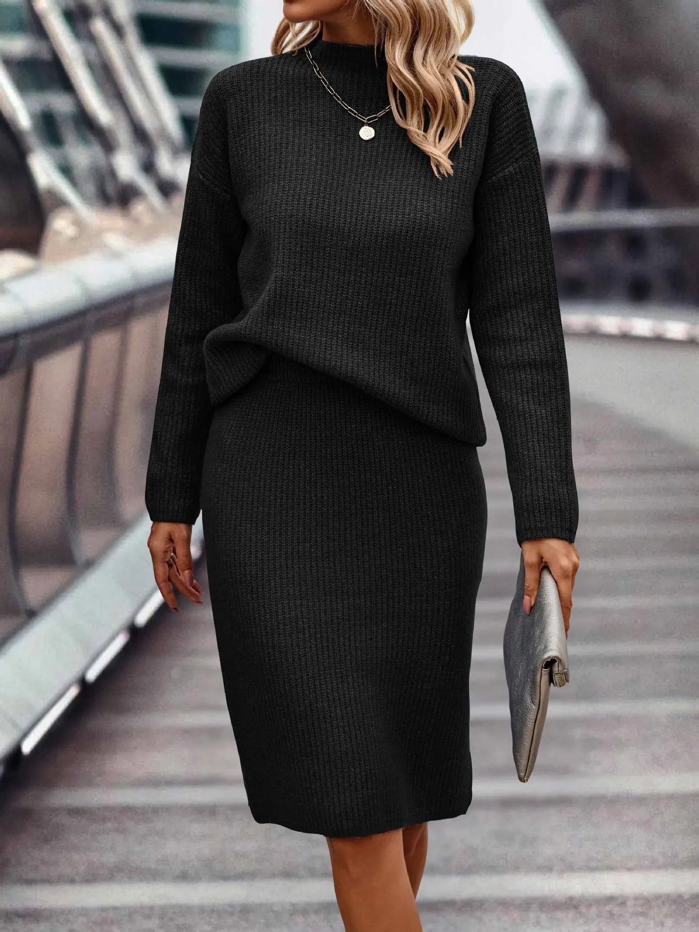 Hedwig Knit Set with Stand Collar and Midi Skirt - Black