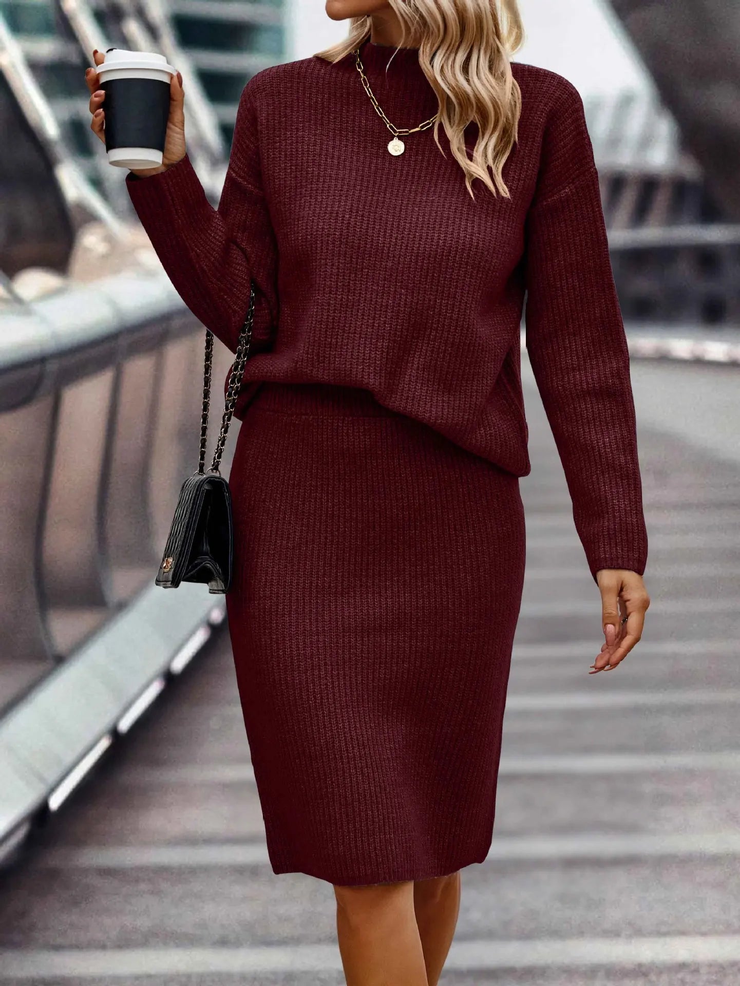 Hedwig Knit Set with Stand Collar and Midi Skirt - Dark Red