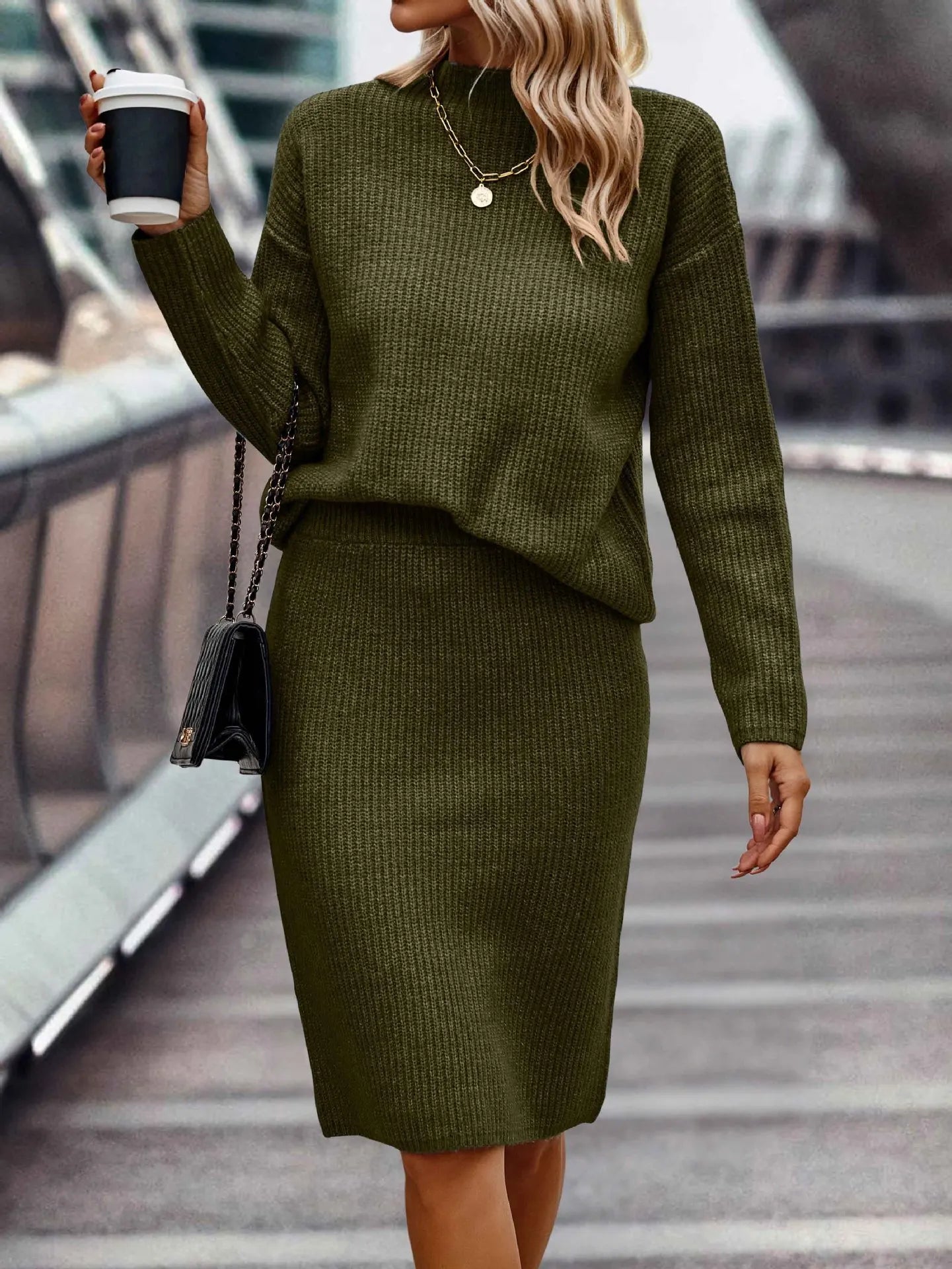 Hedwig Knit Set with Stand Collar and Midi Skirt - Green