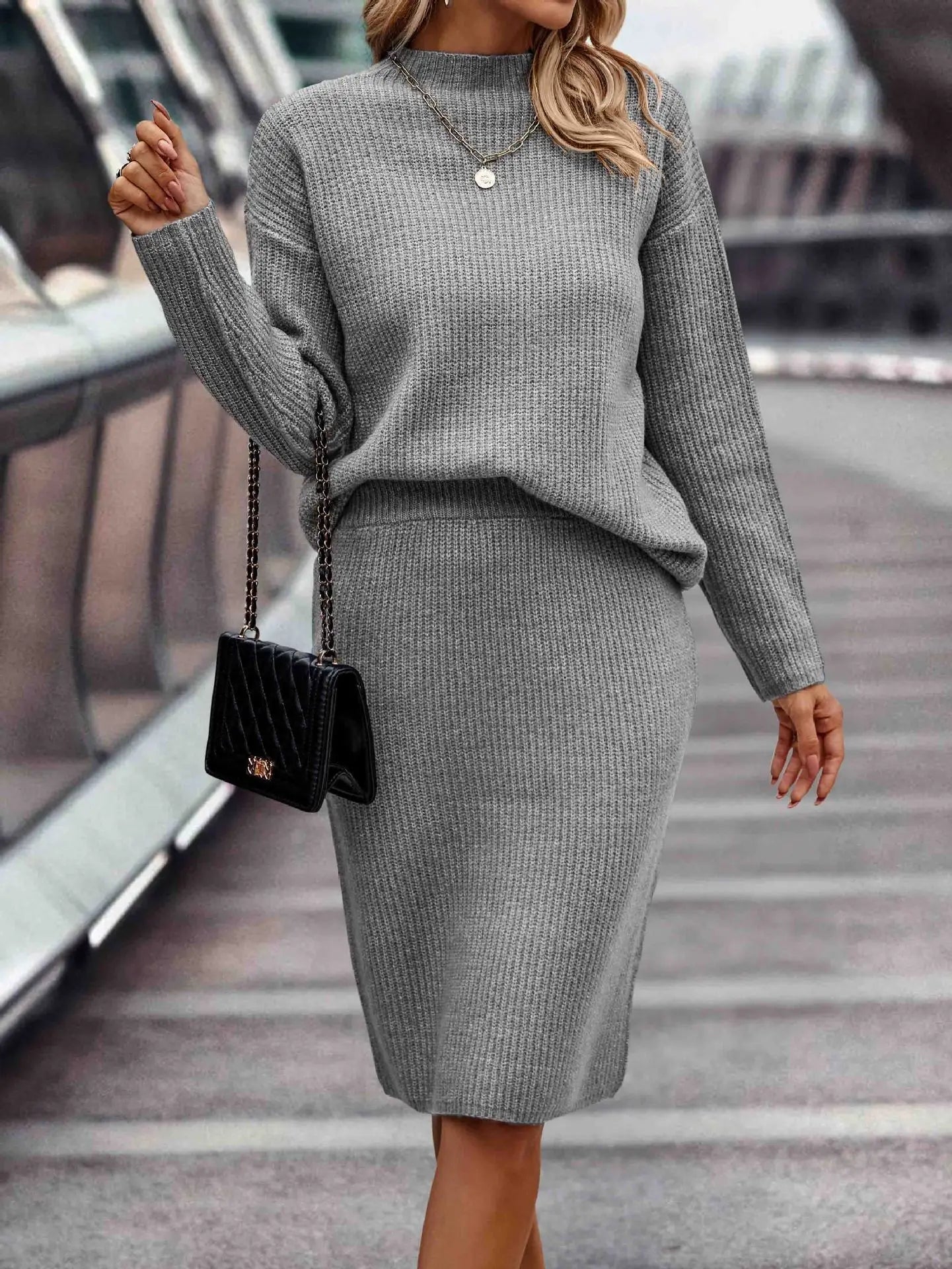 Hedwig Knit Set with Stand Collar and Midi Skirt - Gray