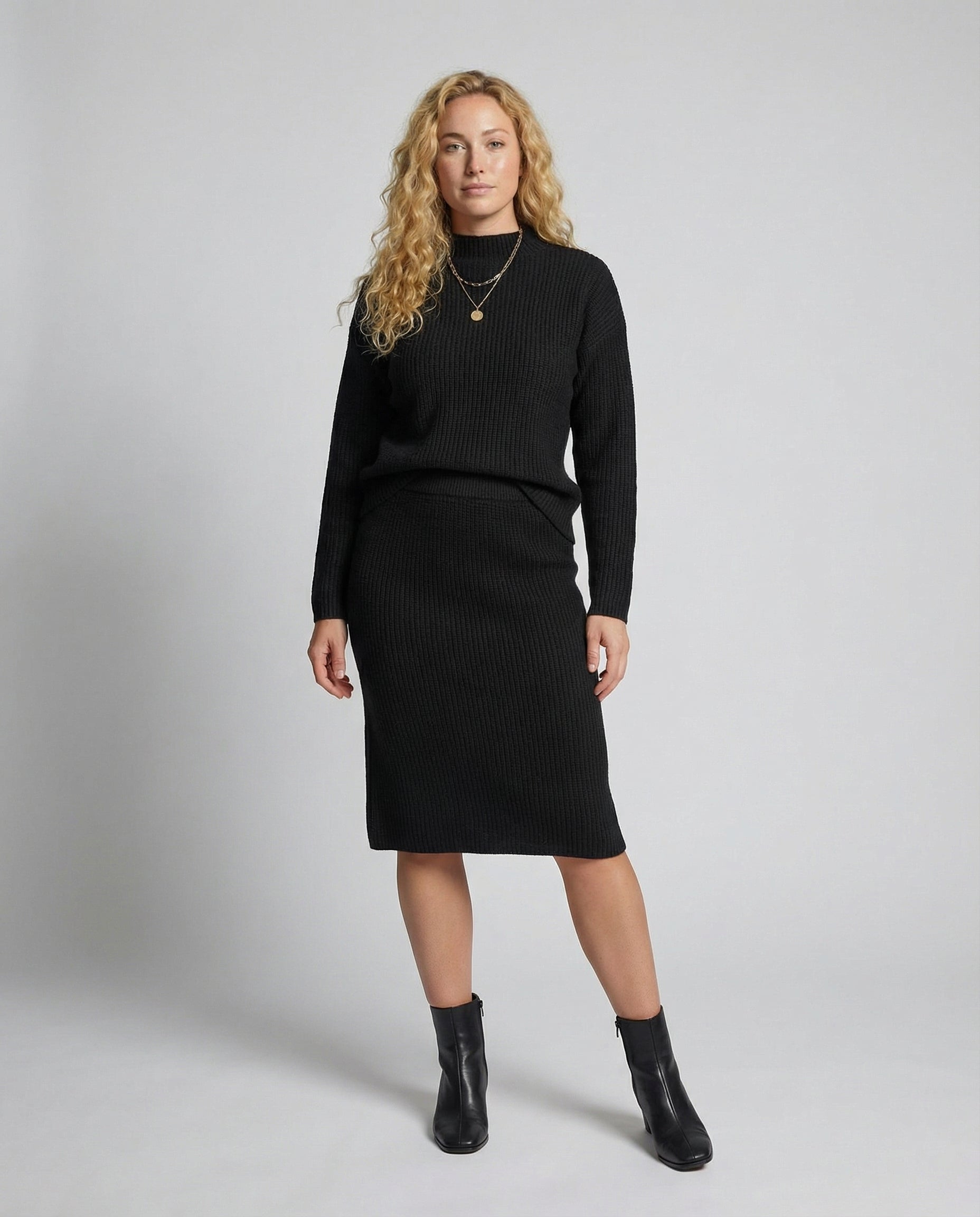 Hedwig Knit Set with Stand Collar and Midi Skirt - Black