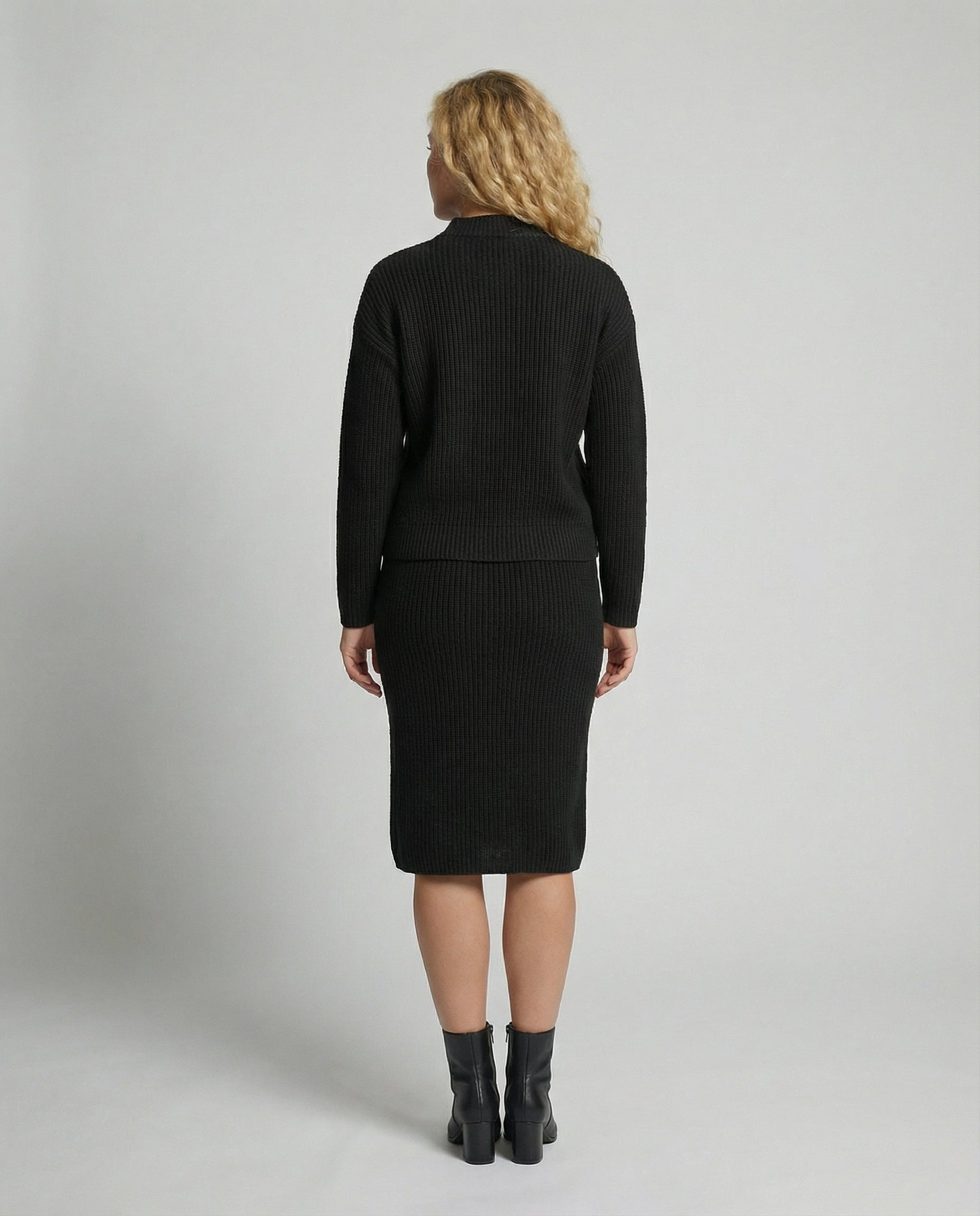 Hedwig Knit Set with Stand Collar and Midi Skirt - Black