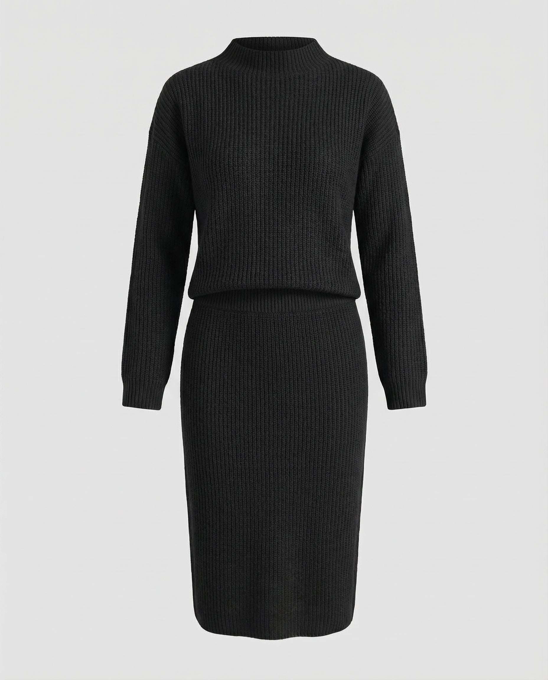 Hedwig Knit Set with Stand Collar and Midi Skirt - Black