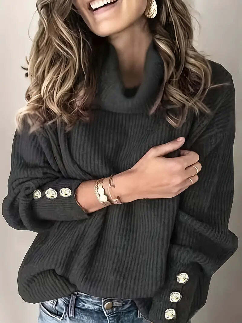 Heike Oversized Turtleneck with Button Cuffs and Drop Shoulder - Black