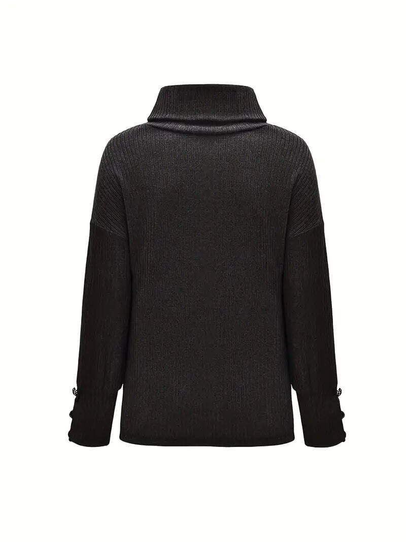 Heike Oversized Turtleneck with Button Cuffs and Drop Shoulder - Black