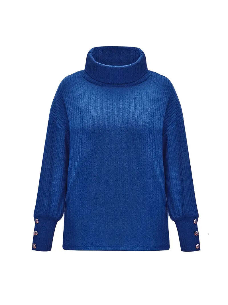 Heike Oversized Turtleneck with Button Cuffs and Drop Shoulder - Blue
