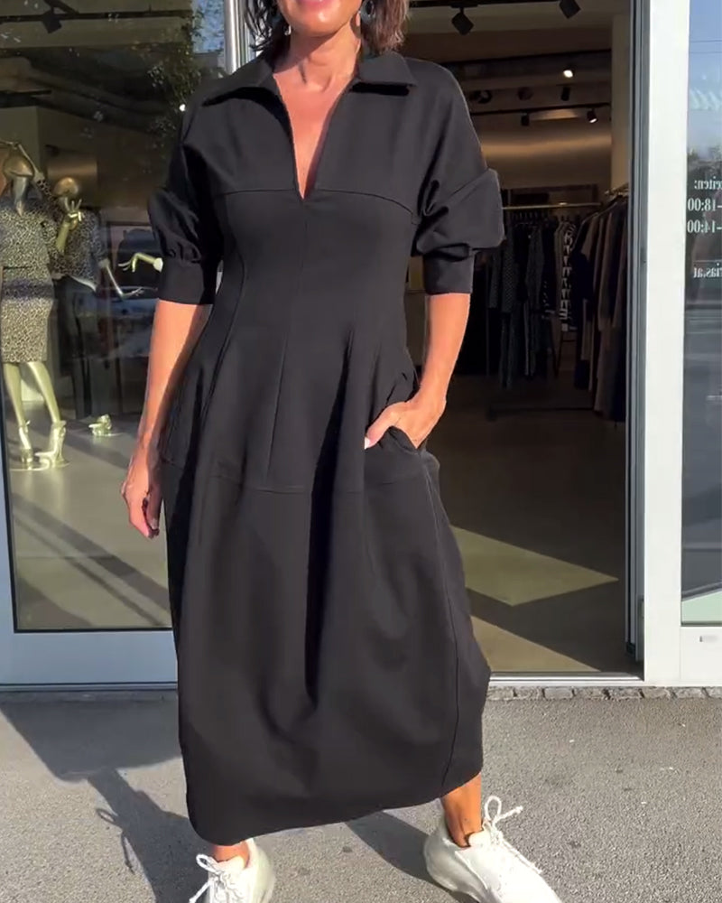 Helene Black Midi Dress with Shirt Collar and Pockets - Black