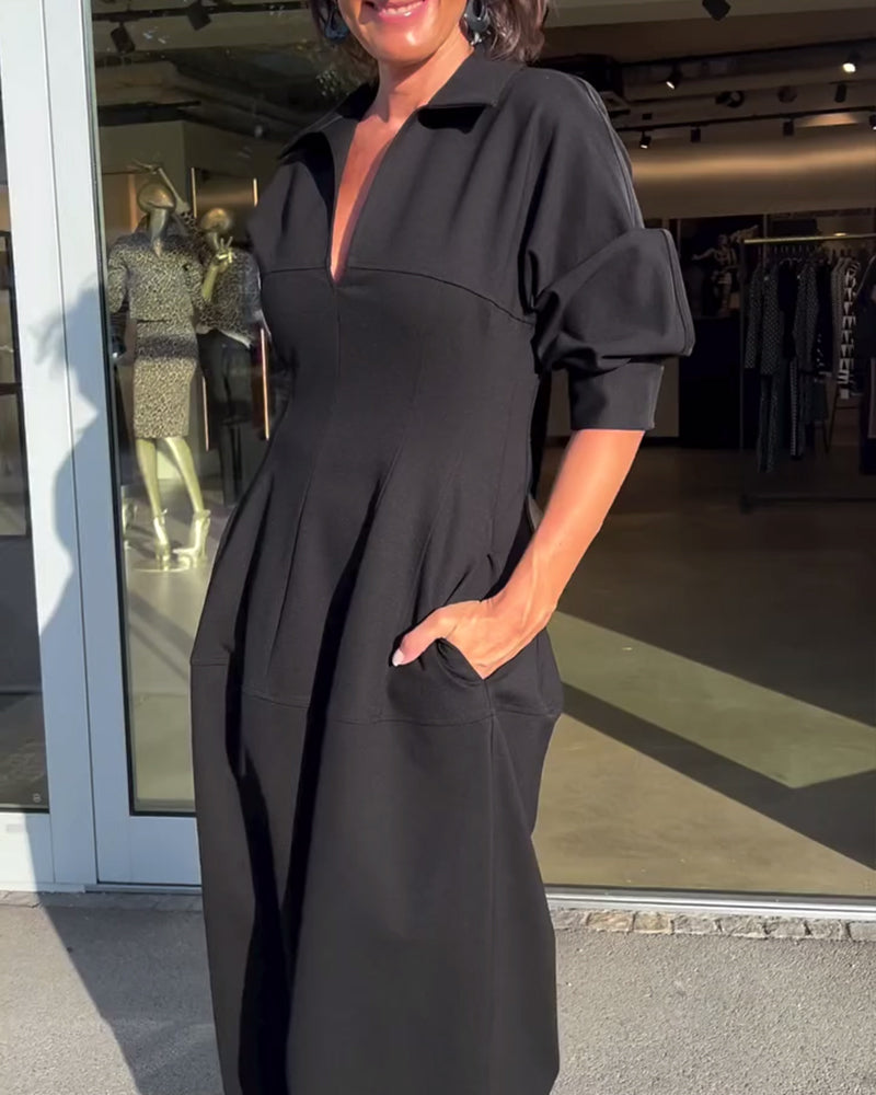 Helene Black Midi Dress with Shirt Collar and Pockets - Black