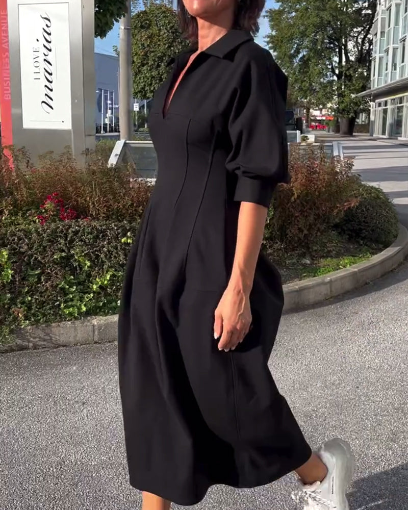 Helene Black Midi Dress with Shirt Collar and Pockets - Black