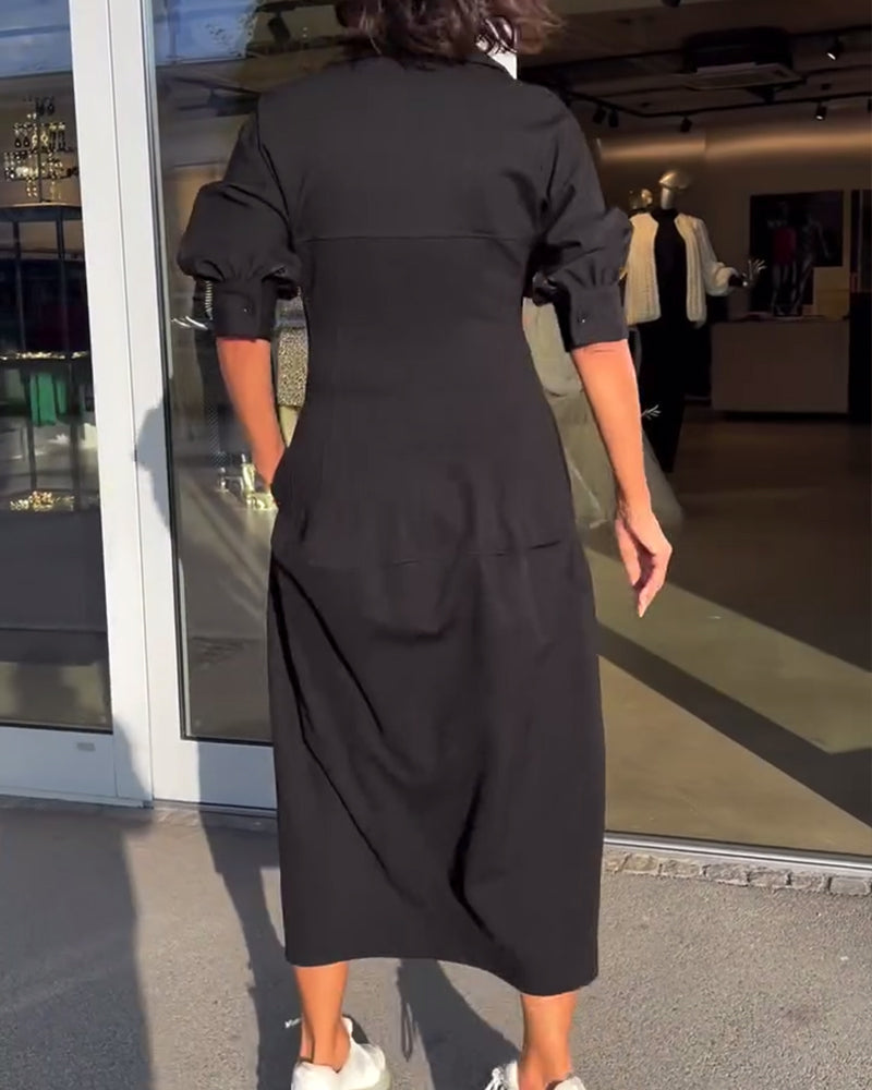 Helene Black Midi Dress with Shirt Collar and Pockets - Black