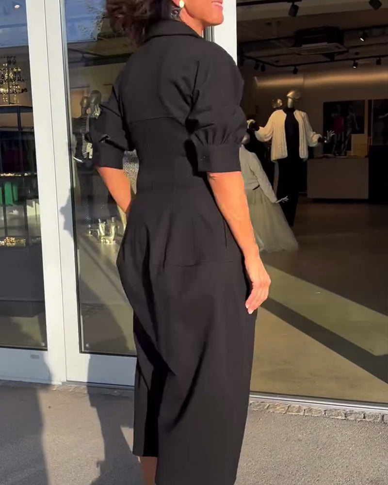 Helene Black Midi Dress with Shirt Collar and Pockets - Black