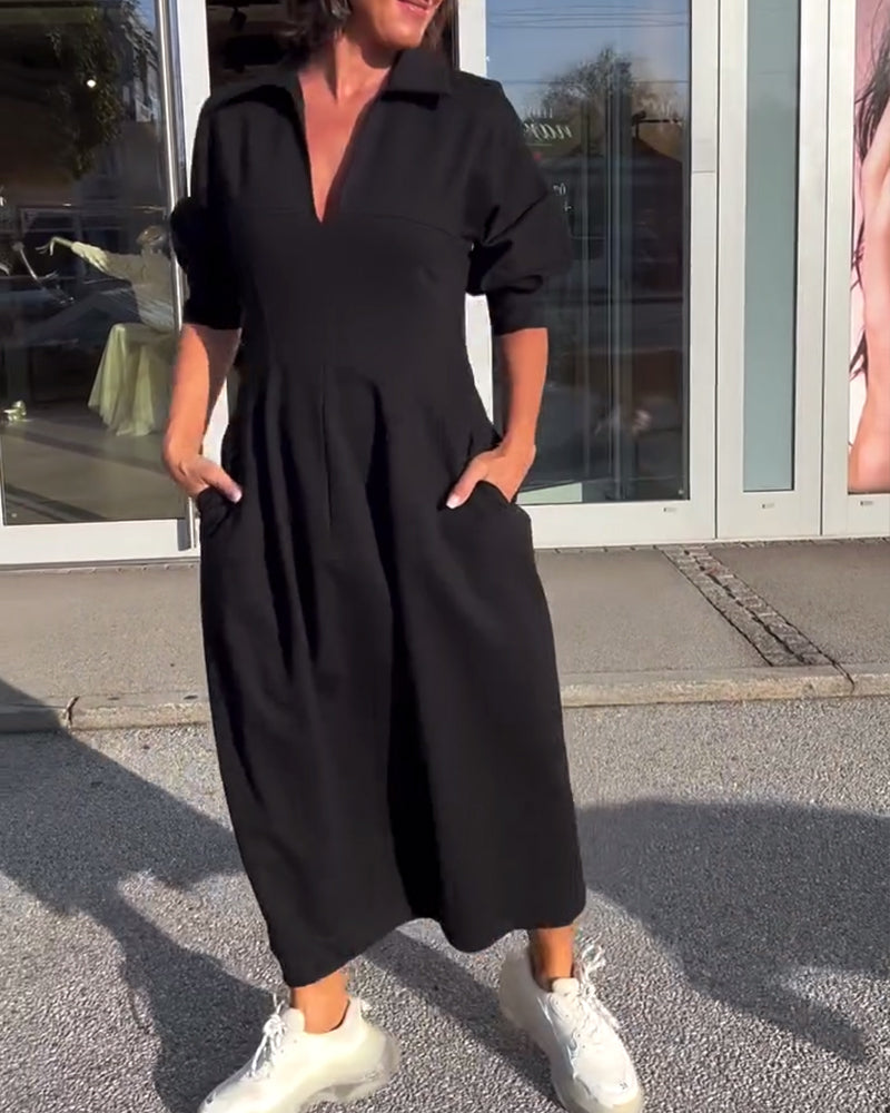 Helene Black Midi Dress with Shirt Collar and Pockets - Black