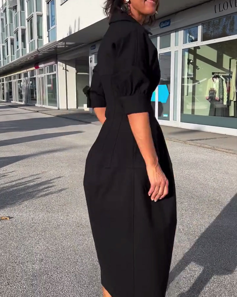 Helene Black Midi Dress with Shirt Collar and Pockets - Black