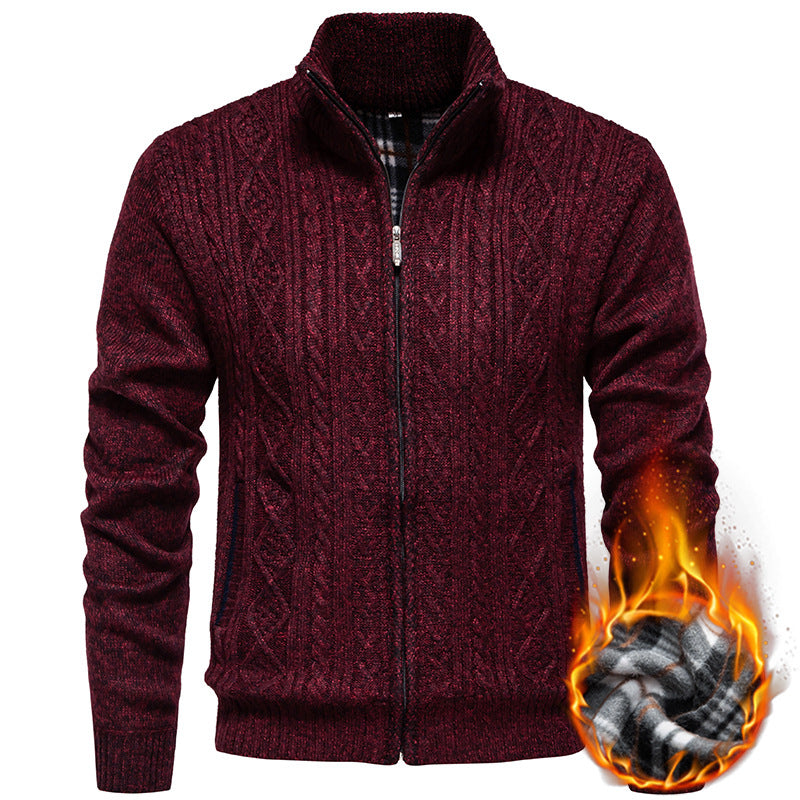 Hendrik Men's Cable Knit Cardigan with Full Zip - Wine Red