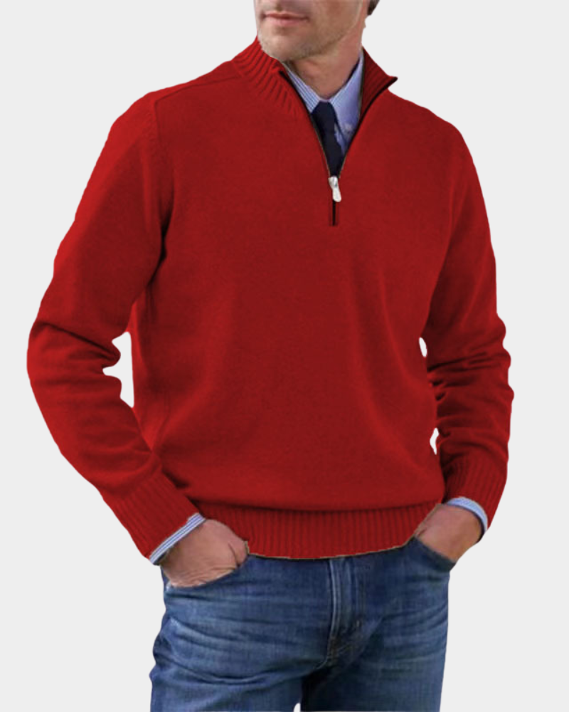 Hezron Men's Zip Pullover with Stand Collar and Straight Hem - Red