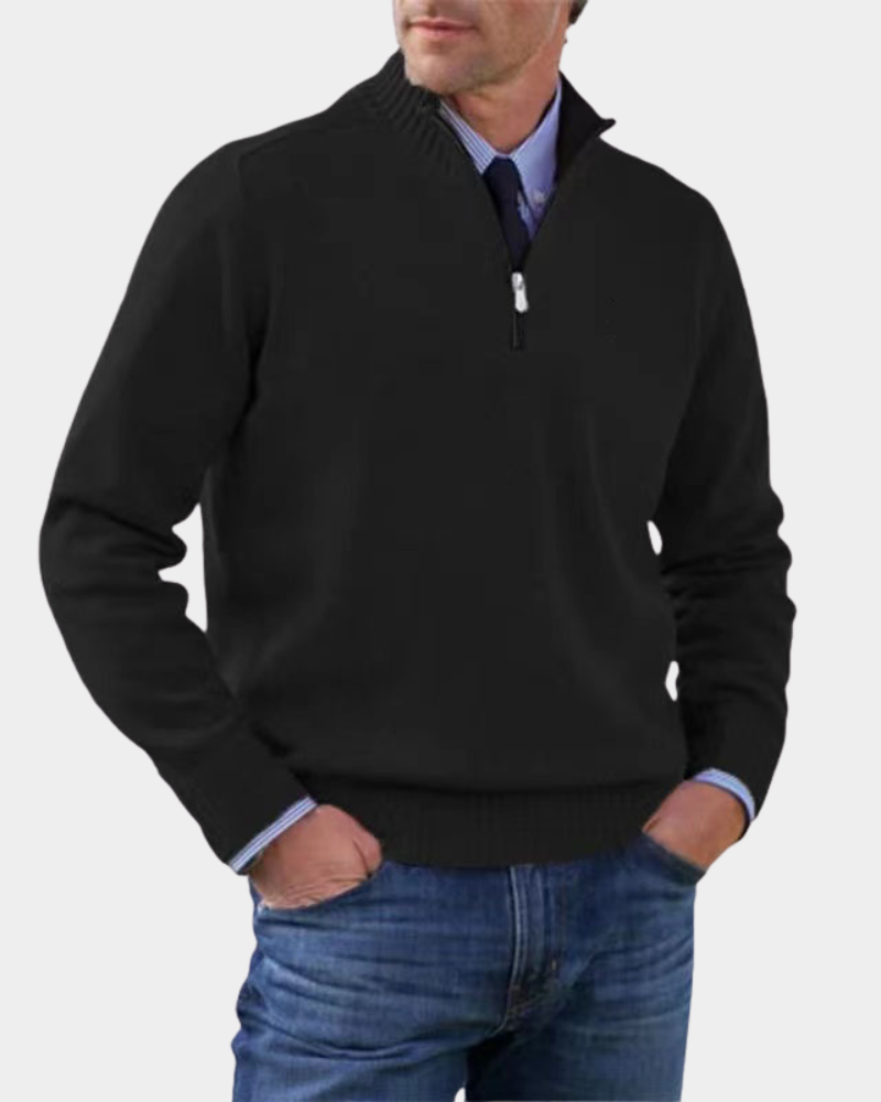 Hezron Men's Zip Pullover with Stand Collar and Straight Hem - Black