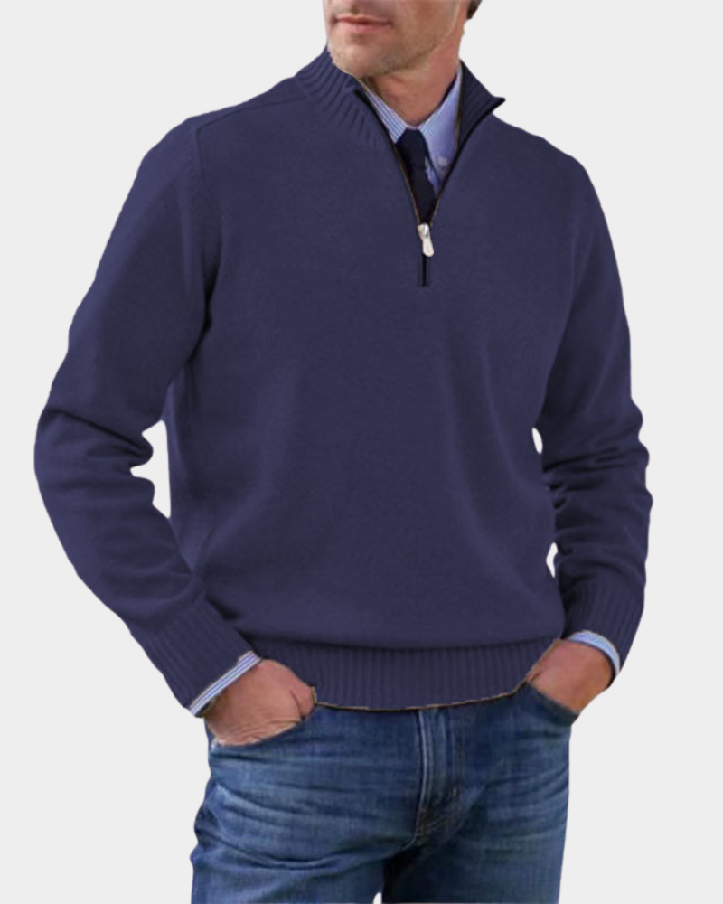 Hezron Men's Zip Pullover with Stand Collar and Straight Hem - Navy