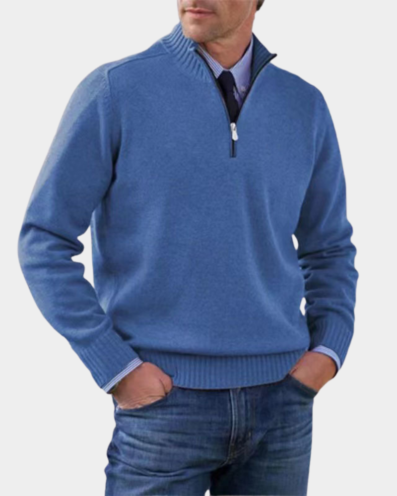 Hezron Men's Zip Pullover with Stand Collar and Straight Hem - Blue