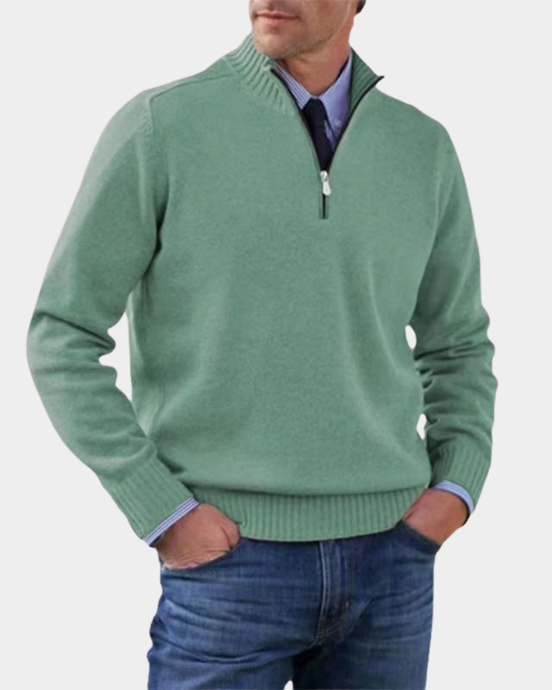 Hezron Men's Zip Pullover with Stand Collar and Straight Hem - Green