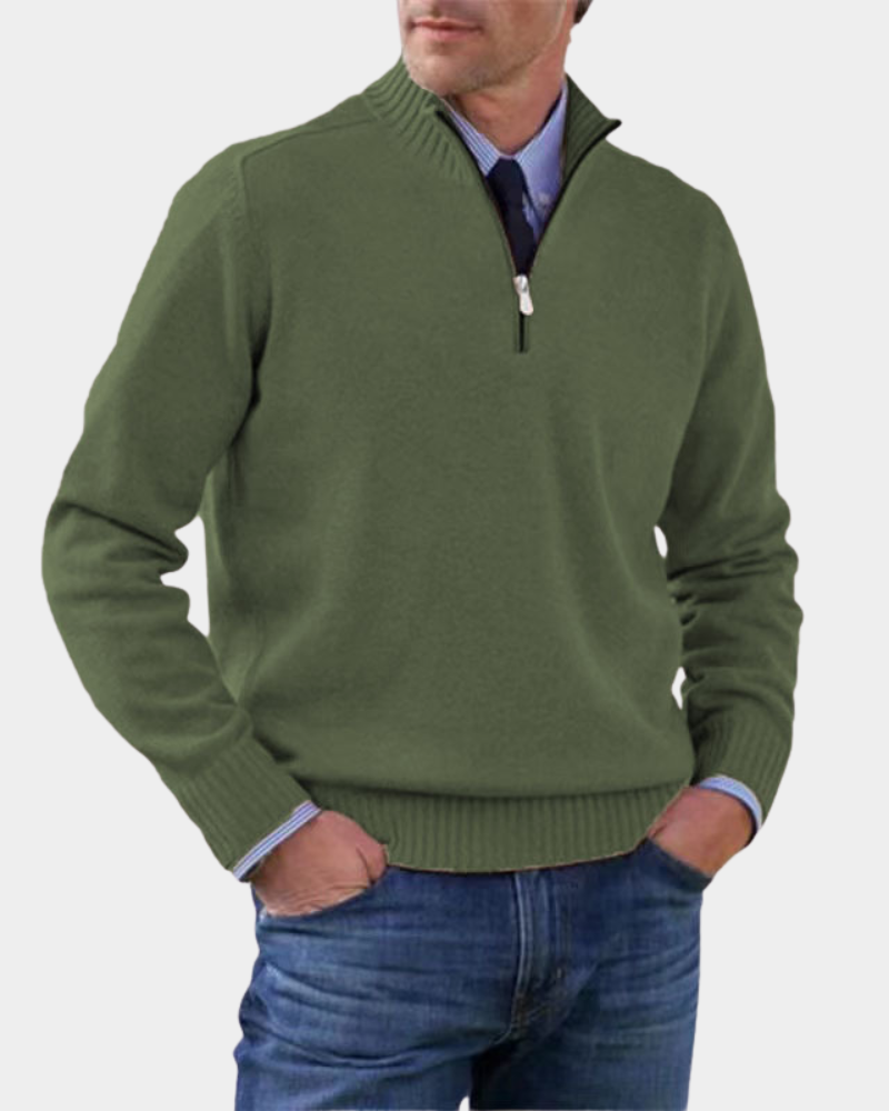 Hezron Men's Zip Pullover with Stand Collar and Straight Hem - Dark Green