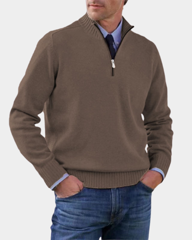 Hezron Men's Zip Pullover with Stand Collar and Straight Hem - Brown
