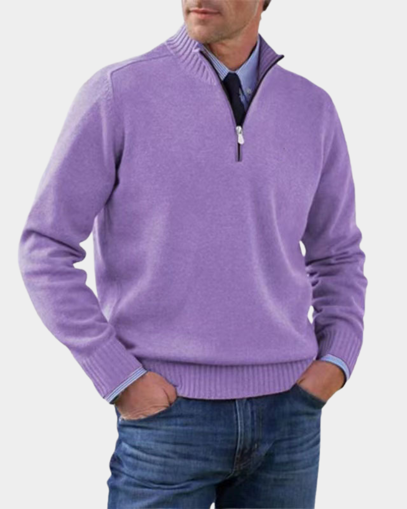 Hezron Men's Zip Pullover with Stand Collar and Straight Hem - Purple