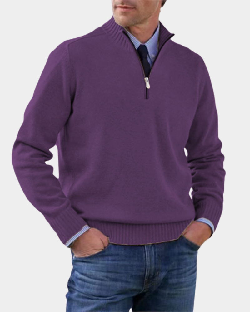 Hezron Men's Zip Pullover with Stand Collar and Straight Hem - Dark Violet