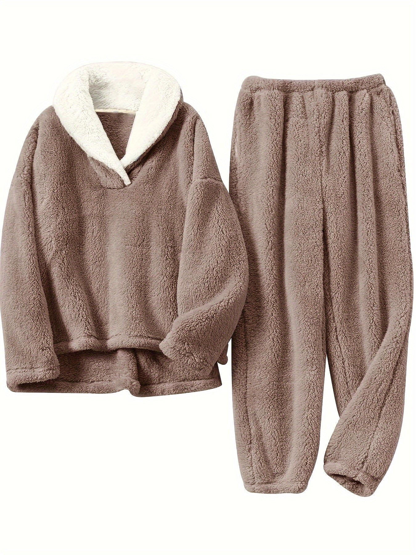 Hildrun Lounge Set with Wrap Collar and Elastic Waist - Brown